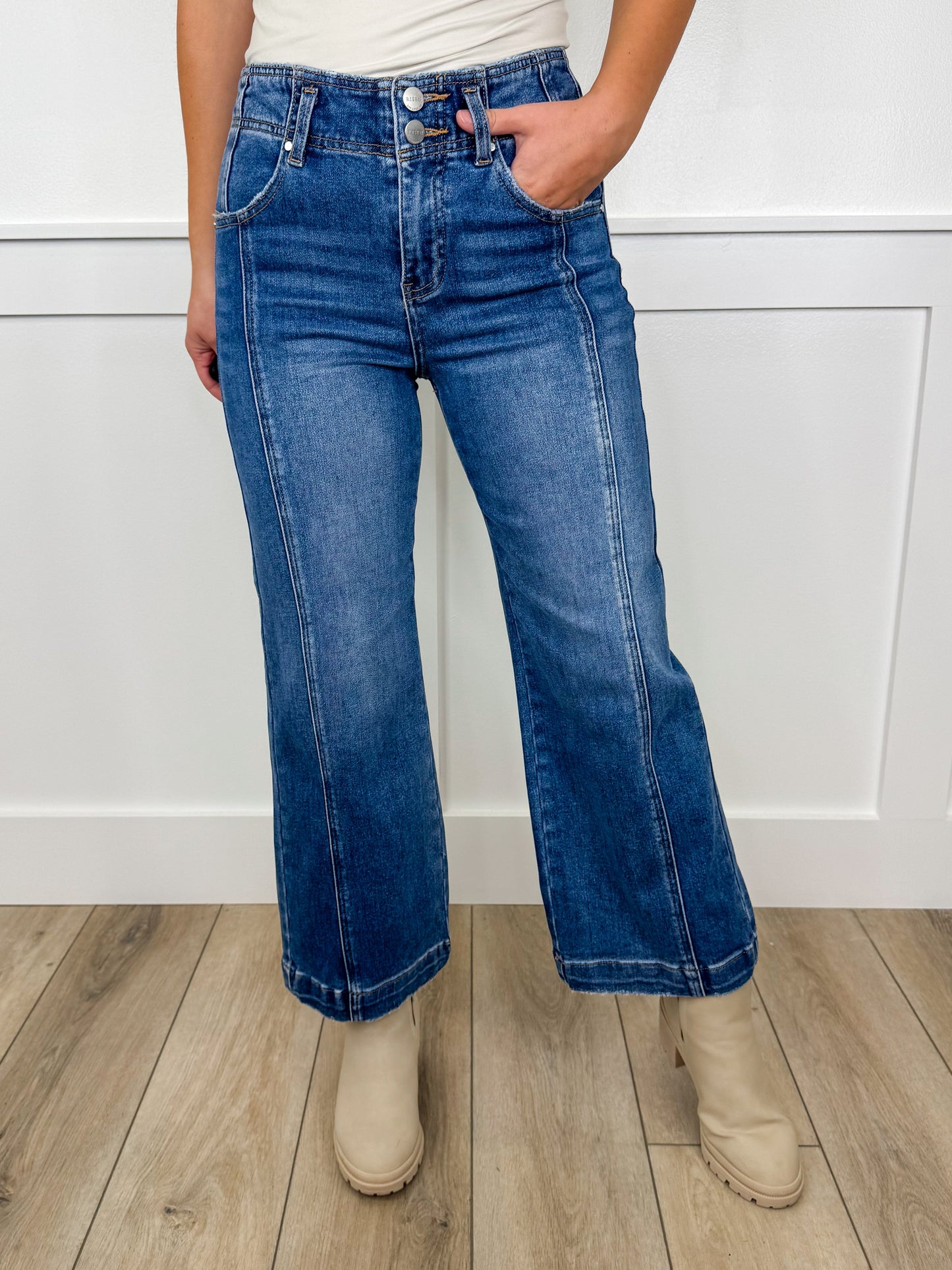 Risen Clarissa High-Rise Double Button Wide Leg Cropped Medium Wash Blue Jeans