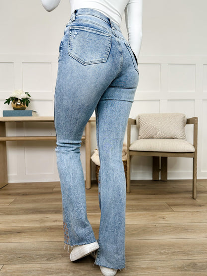 Saige Lacey Tummy Control Kick Flare Light Wash Jeans - Light Wash (Rhinestone, Raw Hem, Non-Distressed)