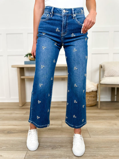 Risen Addy Tummy Control Wide Leg Blue Jeans - Medium Wash (Embroidered, Non-Distressed)