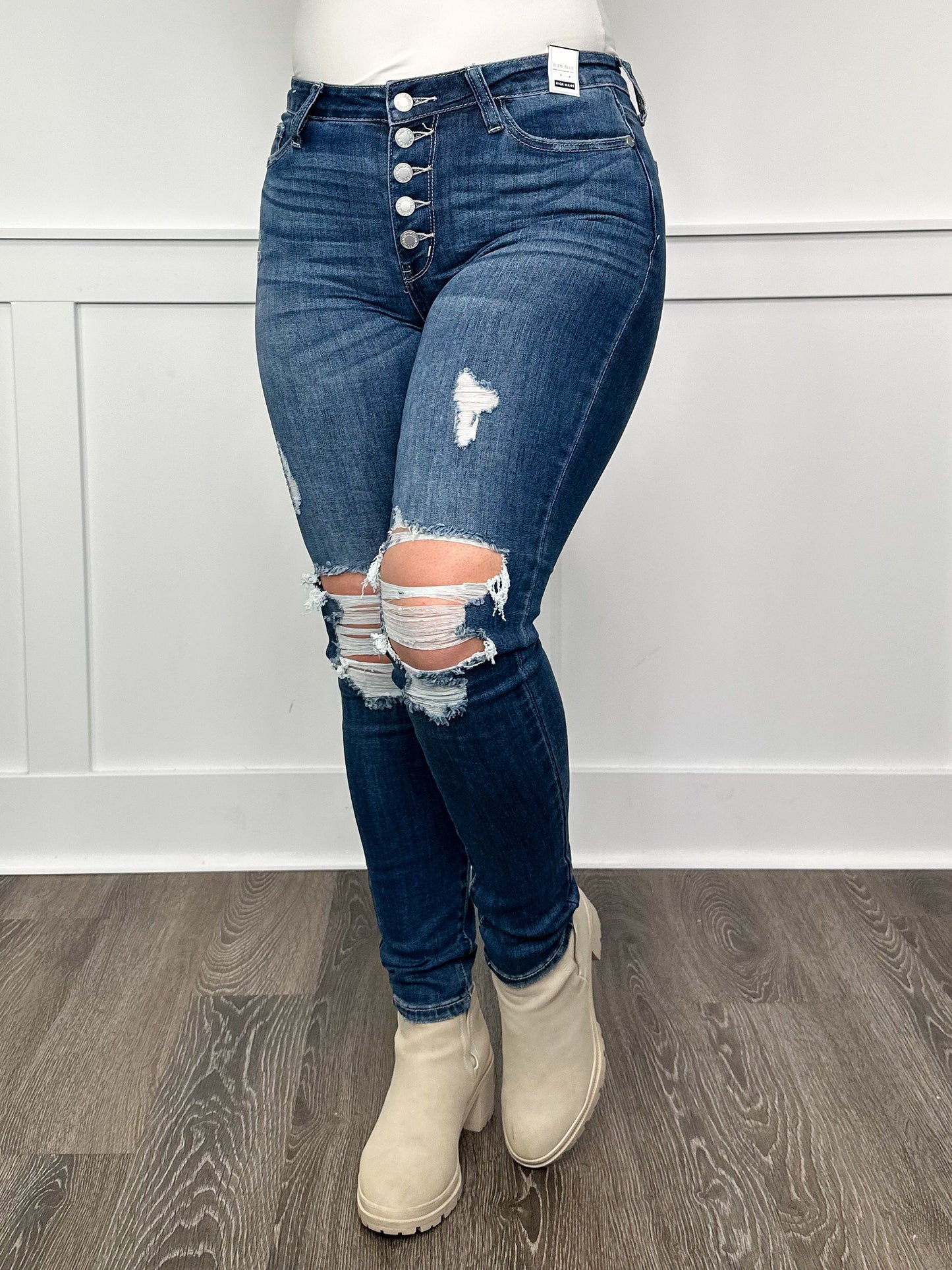 Judy Blue Emerson Distressed High-Rise Button Fly Skinny Dark Wash Jeans