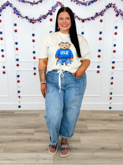 Risen Jessie High-Rise Barrel Leg Light Wash Cropped Blue Jeans