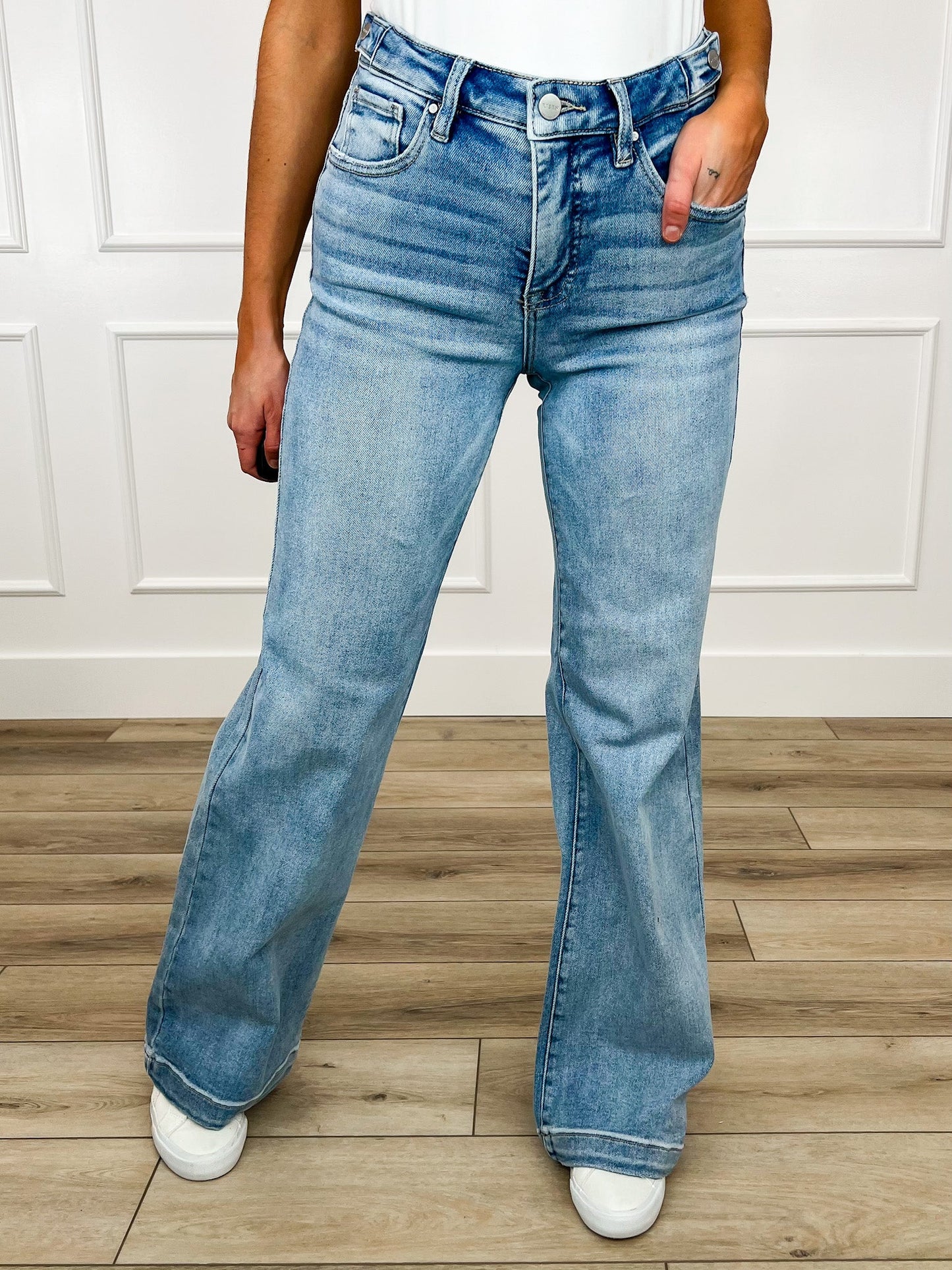 Risen Talia Tummy Control Wide Leg Jeans - Light Wash (Non-Distressed, Adjustable Waistband)