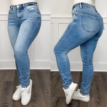 Risen Blaire Tummy Control Distressed High-Rise Slim Fit Light Wash Blue Jeans