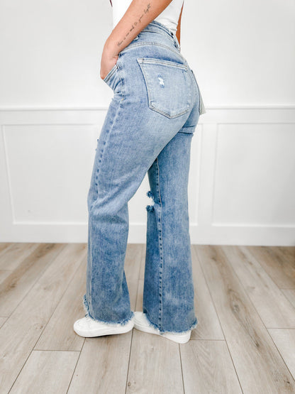 Risen Kenzie High-Rise Wide Leg Jeans - Medium Wash (Button Fly, Fray Hem, Distressed)