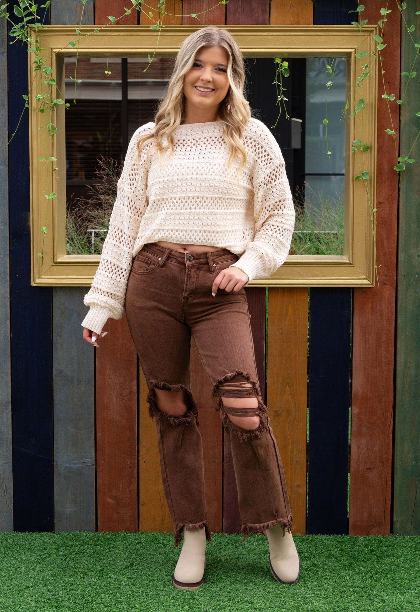 Risen Sabrina Distressed High-Rise Straight Leg Crop Espresso Jeans