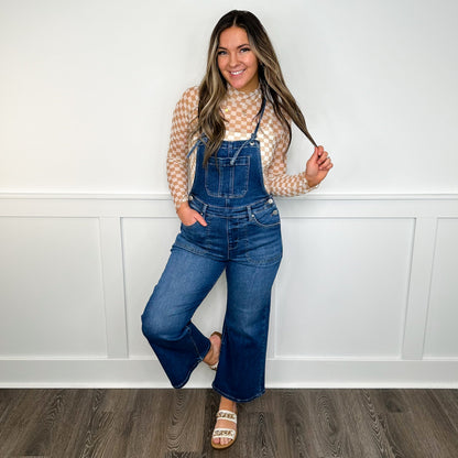 Risen Dakota Wide Leg Cropped Dark Wash Overalls
