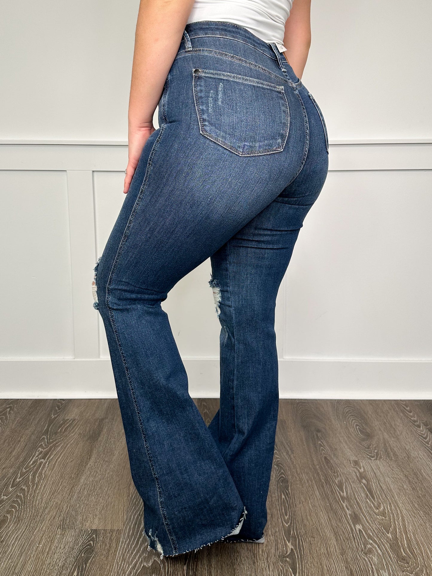 Judy Blue Ellie Tummy Control Distressed High-Rise Raw Hem Flare Dark Wash Jeans