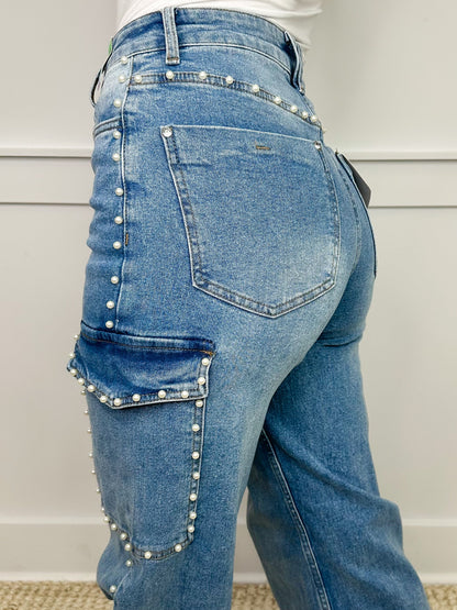 Lauren High-Rise Wide Leg Pearl Medium Wash Cargo Blue Jeans
