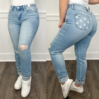 Judy Blue Brandy Distressed Mid-Rise Boyfriend Light Wash Jeans