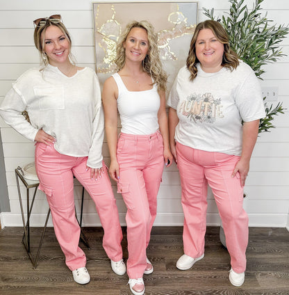 Judy Blue Tessa High-Rise Cargo Straight Leg Pink Jeans