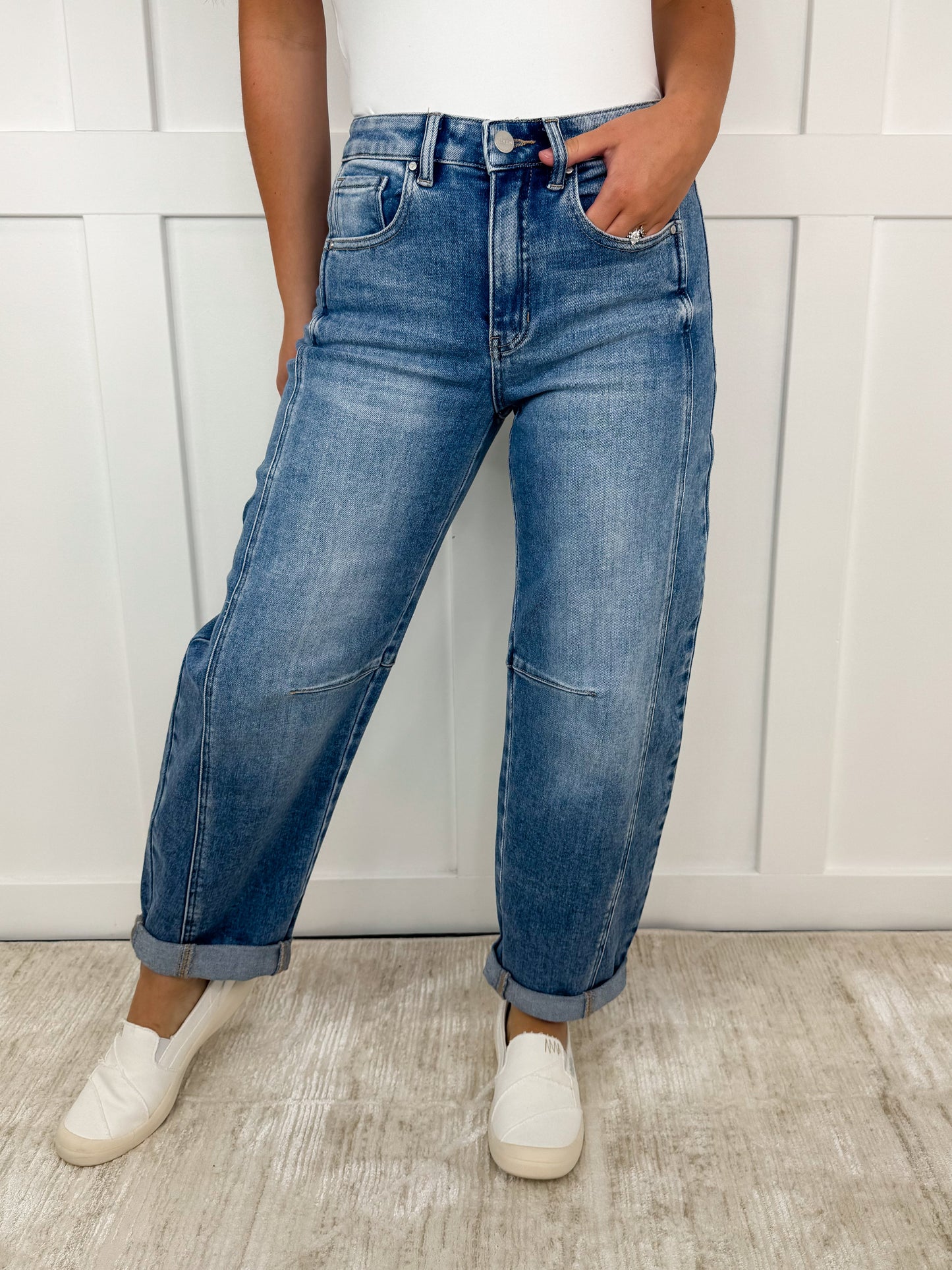 Risen Beth High-Rise Cuffed Boyfriend Medium Wash Barrel Jeans