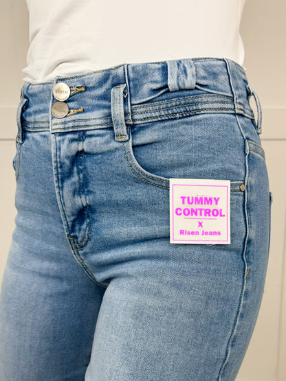 Risen Caitlyn Tummy Control High-Rise Cropped Wide Leg Medium Wash Jeans