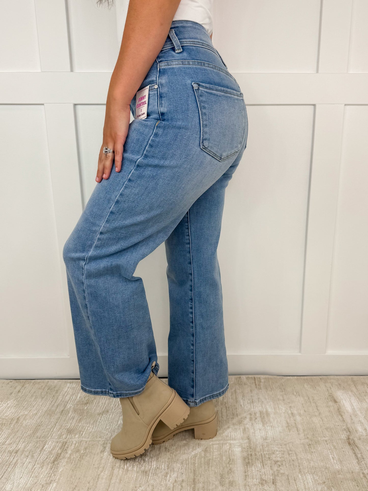 Risen Caitlyn Tummy Control High-Rise Cropped Wide Leg Medium Wash Jeans