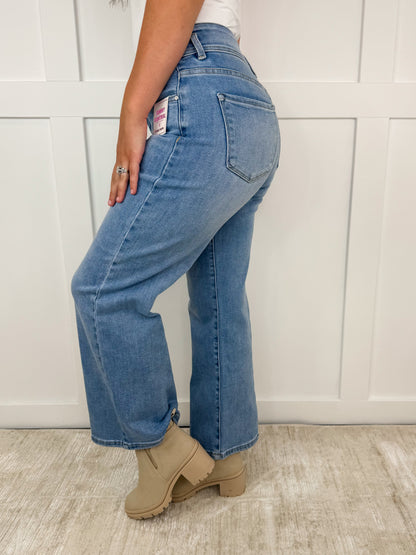 Risen Caitlyn Tummy Control High-Rise Cropped Wide Leg Medium Wash Jeans