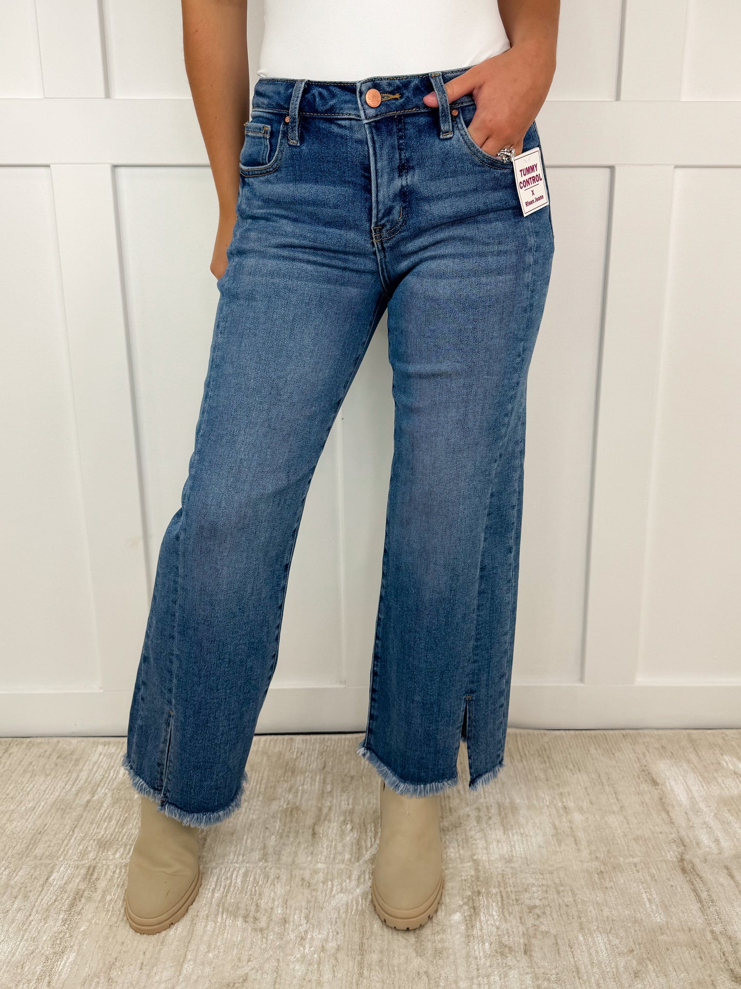 Risen Carrie Tummy Control Mid-Rise Fray Hem Wide Leg Cropped Medium Wash Jeans