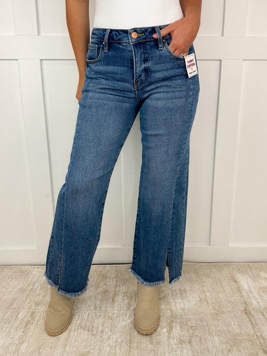 Risen Carrie Tummy Control Mid-Rise Fray Hem Wide Leg Cropped Medium Wash Jeans