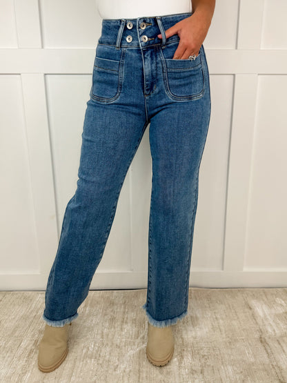 Saige Marie High-Rise Fray Hem Adjustable Quad Button Bootcut Medium Wash Blue Jeans