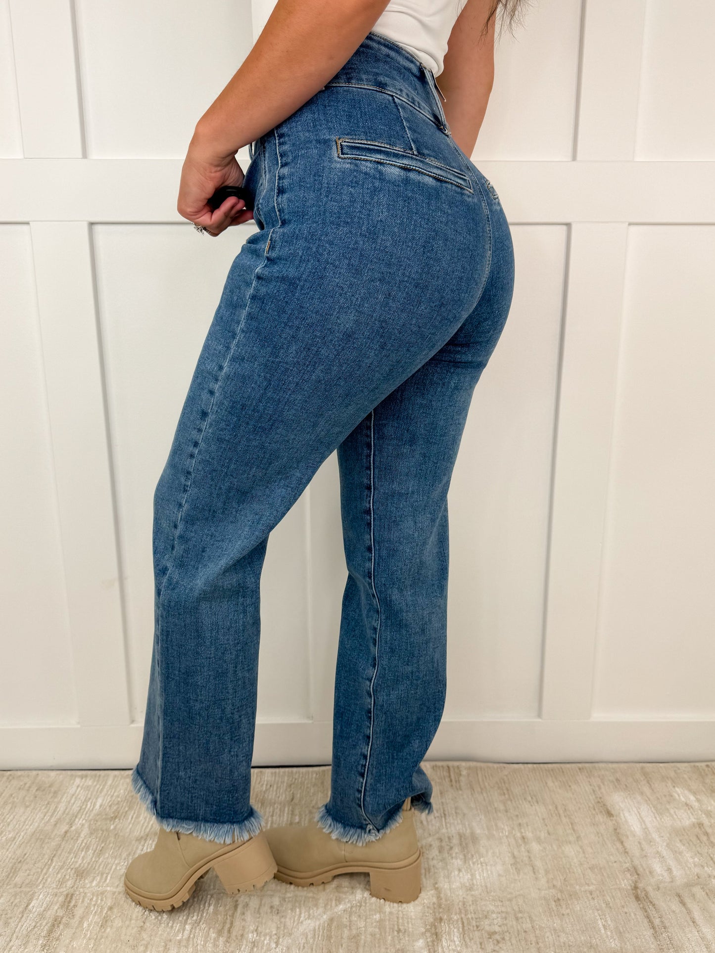 Saige Marie High-Rise Fray Hem Adjustable Quad Button Bootcut Medium Wash Blue Jeans