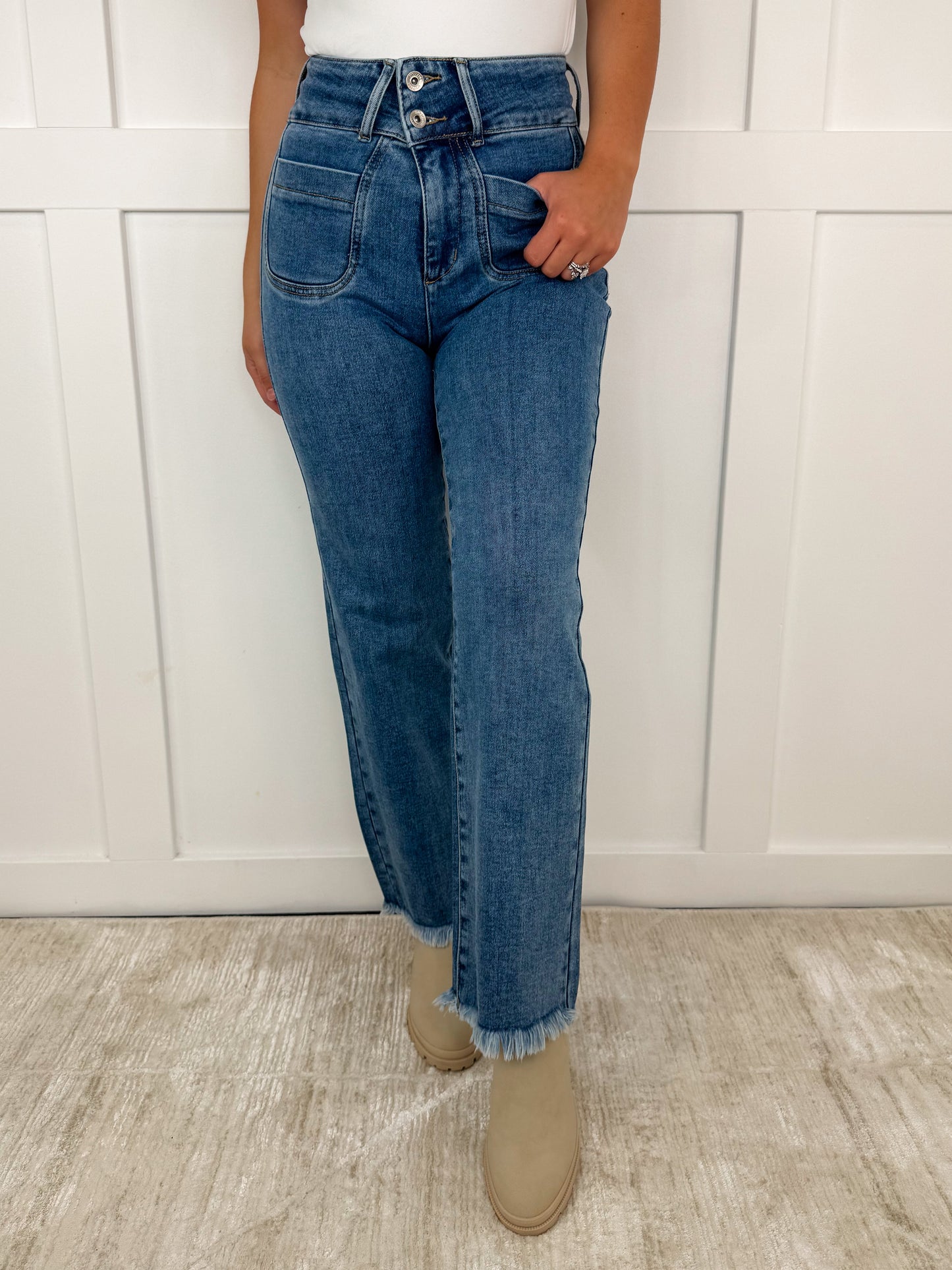 Saige Marie High-Rise Fray Hem Adjustable Quad Button Bootcut Medium Wash Blue Jeans