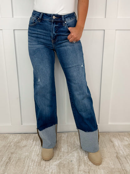 Risen April Distressed High-Rise Wide Leg Dark Wash Blue Jeans