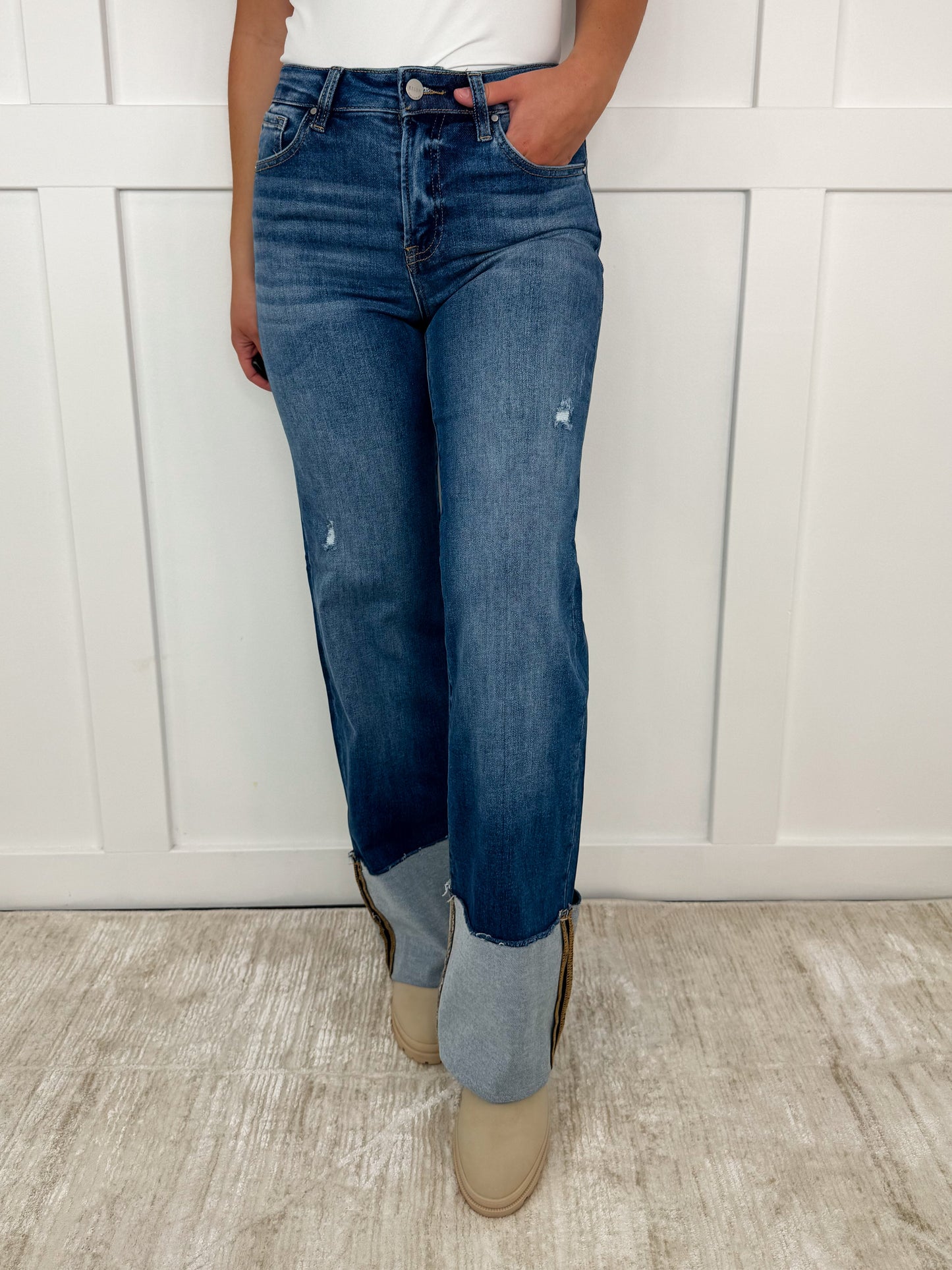 Risen April Distressed High-Rise Wide Leg Dark Wash Blue Jeans