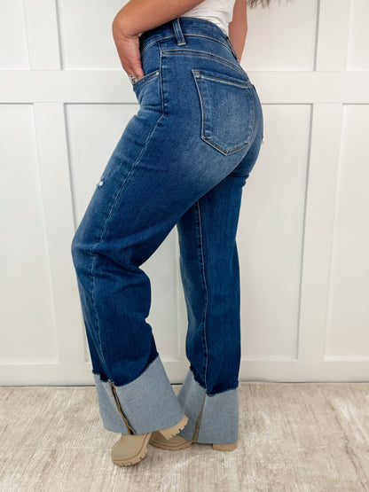 Risen April Distressed High-Rise Wide Leg Dark Wash Blue Jeans