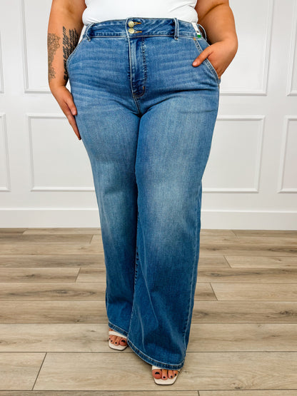 Judy Blue Bristol High-Rise Trouser Column Jeans - Medium Wash (Multiple Inseams, Double Button, Non-Distressed)
