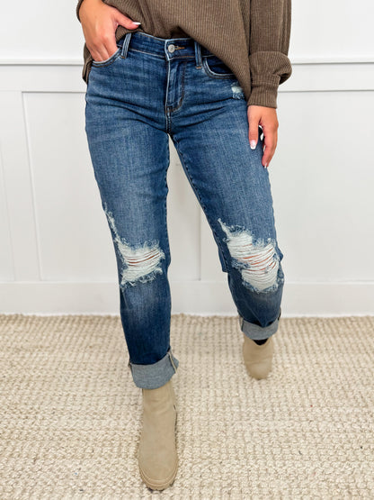 Judy Blue Emily Distressed Mid-Rise Boyfriend Dark Wash Jeans