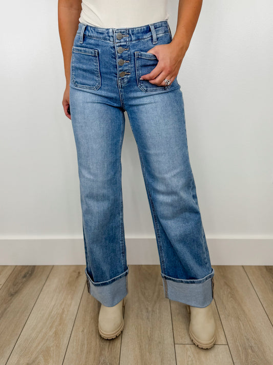Risen Nova High-Rise Button Fly Wide Leg Medium Wash Blue Jeans