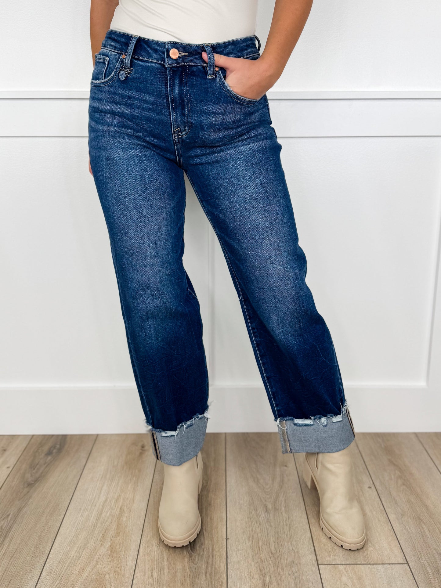 Risen Julie High-Rise Cuffed Boyfriend Dark Wash Blue Jeans