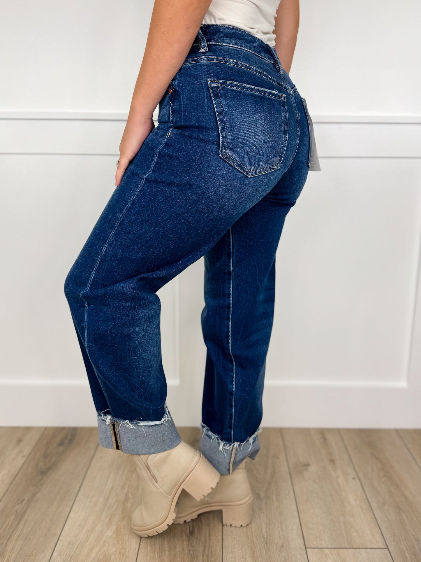 Risen Julie High-Rise Cuffed Boyfriend Dark Wash Blue Jeans