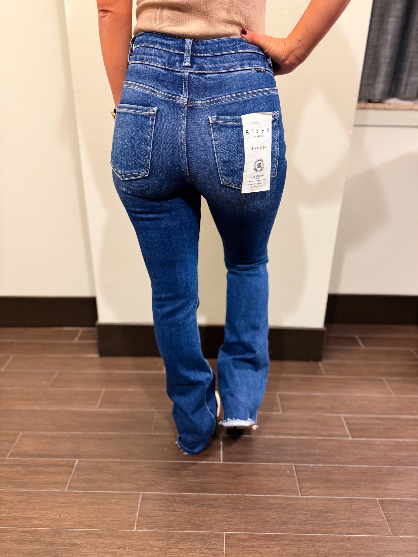 Risen Selena Tummy Control High-Rise Double Button Raw Hem Bootcut Dark Wash Blue Jeans