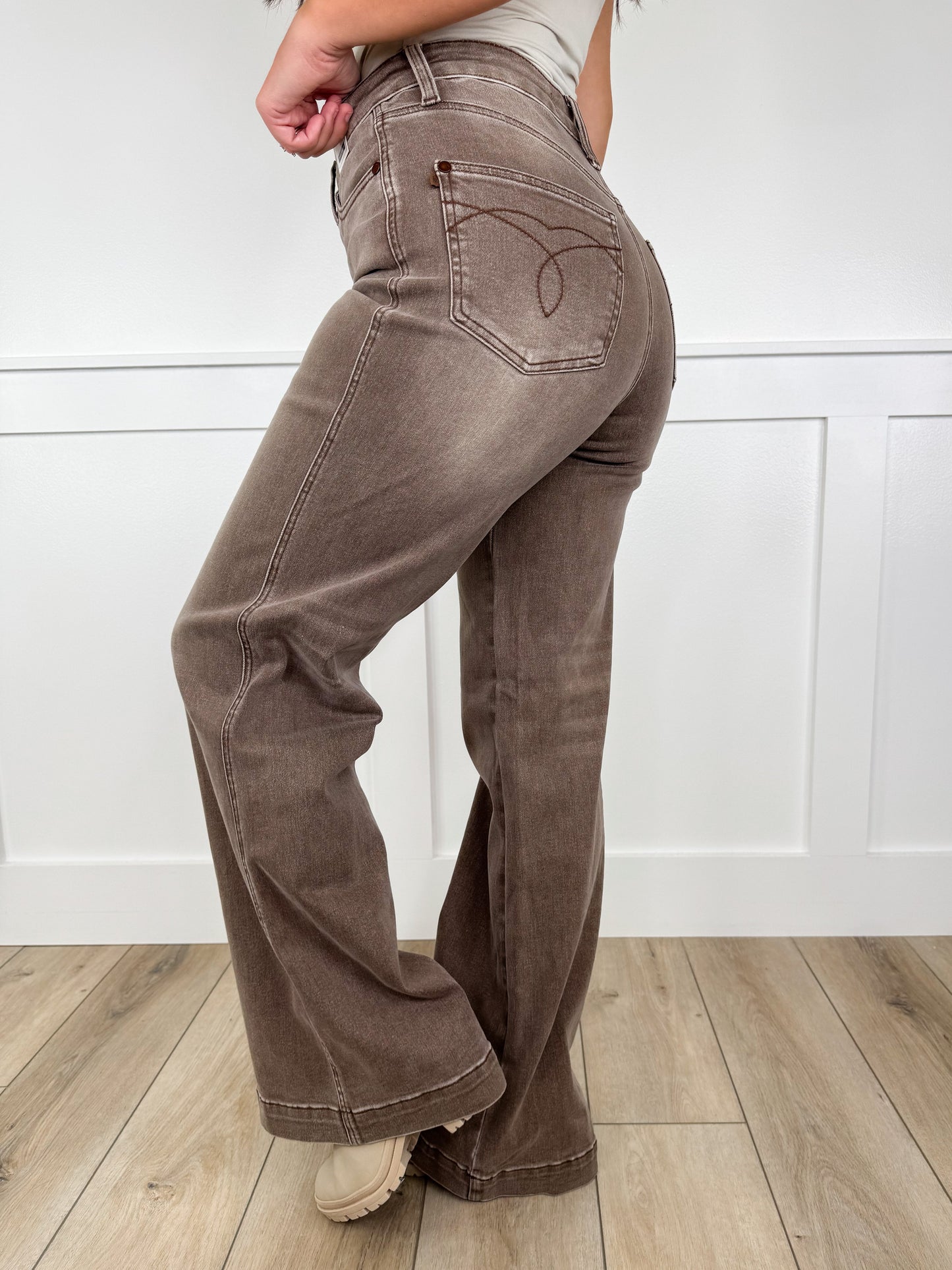 Judy Blue Claire High-Rise Criss Cross Waist Retro Wide Leg Mocha Jeans