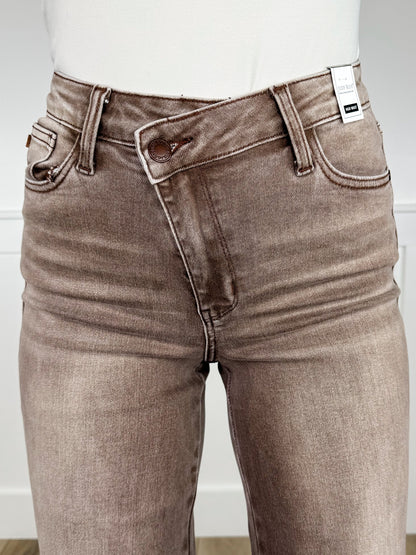 Judy Blue Claire High-Rise Criss Cross Waist Retro Wide Leg Mocha Jeans