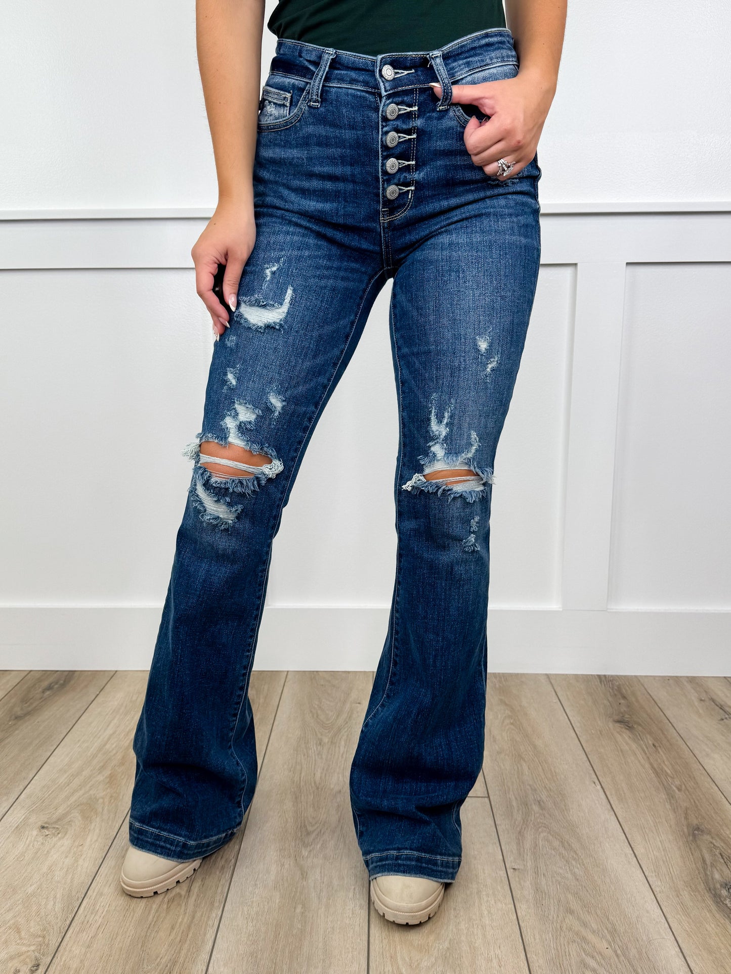 Judy Blue Eliza Mid-Rise Trouser Flare Jeans – Dark Wash (Button Fly, Distressed)
