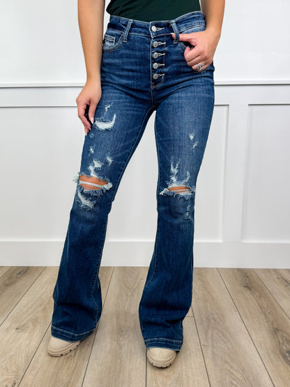 Judy Blue Eliza Mid-Rise Trouser Flare Jeans – Dark Wash (Button Fly, Distressed)