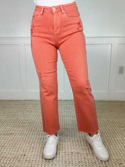 Saige Girl You Look Cute Distressed High-Rise Raw Hem Salmon Avery Mae Dad Jeans