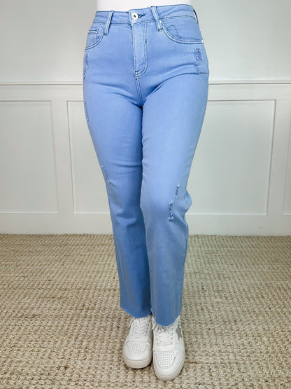 Saige Girl You Look Cute Distressed High-Rise Raw Hem Sky Avery Mae Dad Jeans