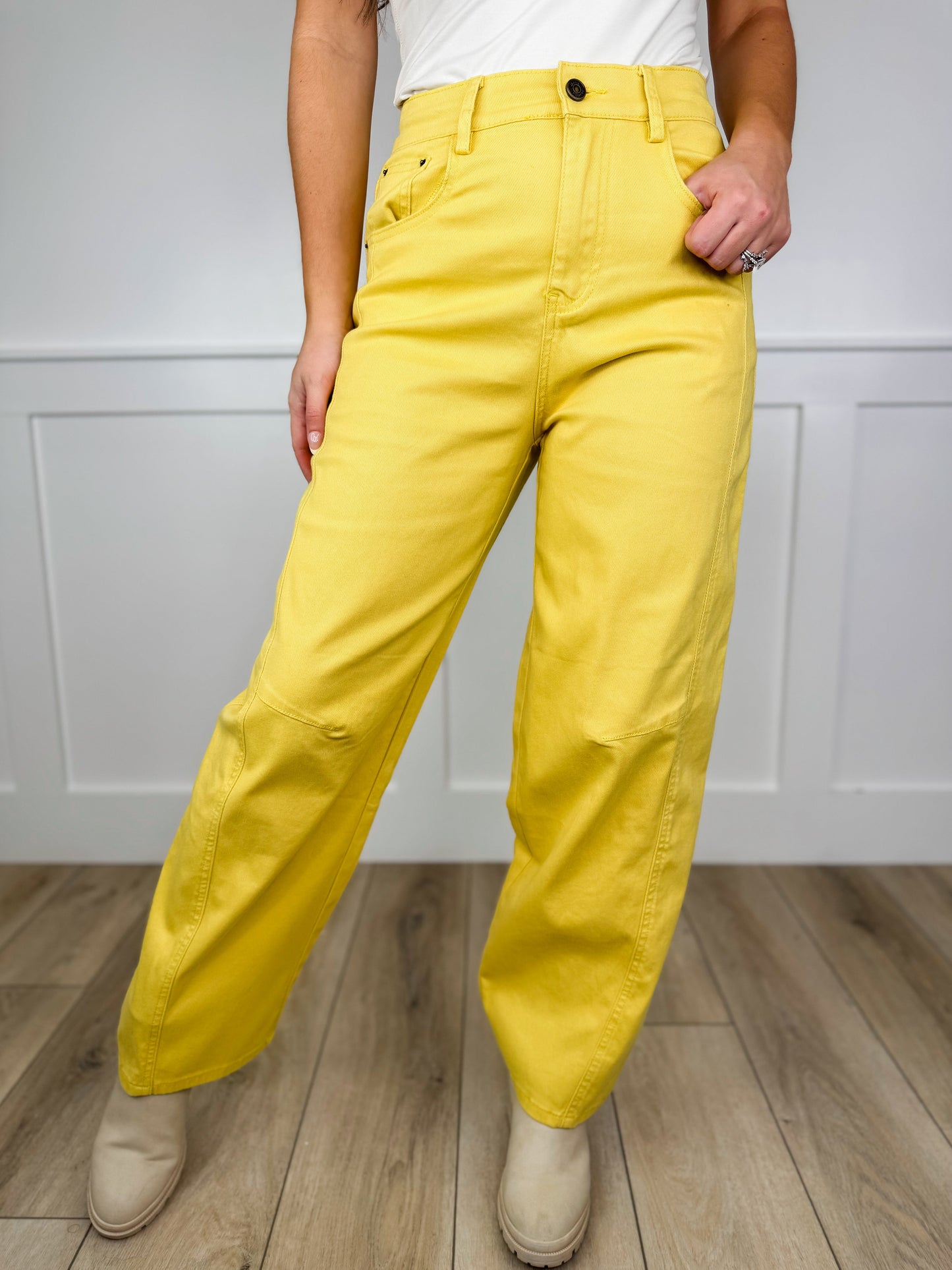 The Best Day High-Rise Cotton Blend Yellow Avery Mae Barrel Jeans
