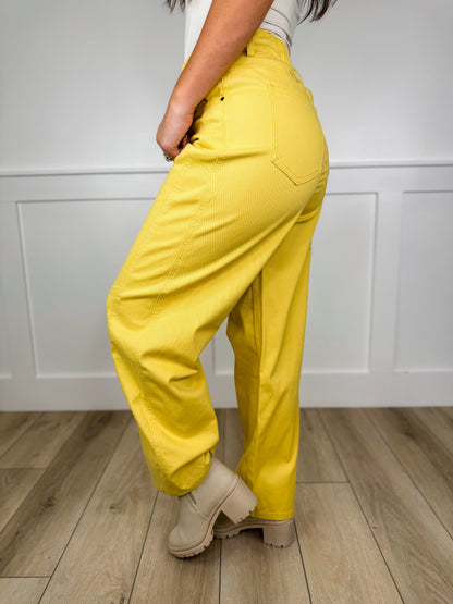 The Best Day High-Rise Cotton Blend Yellow Avery Mae Barrel Jeans