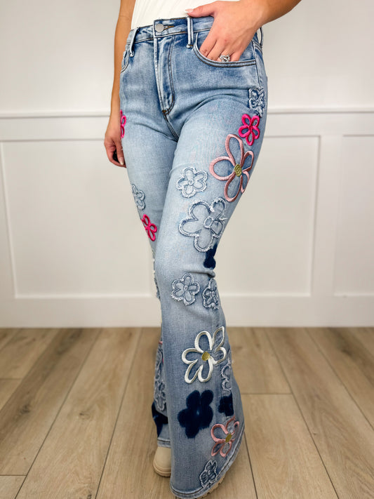 Floral Flair High-Rise Cotton Blend Flare Medium Wash Avery Mae Jeans