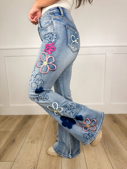 Floral Flair High-Rise Cotton Blend Flare Medium Wash Avery Mae Jeans