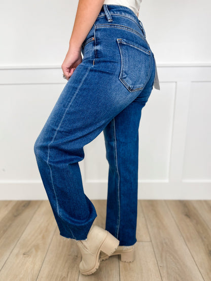 Risen Bridget Tummy Control Mid-Rise Raw Hem Straight Leg Medium Wash Blue Jeans