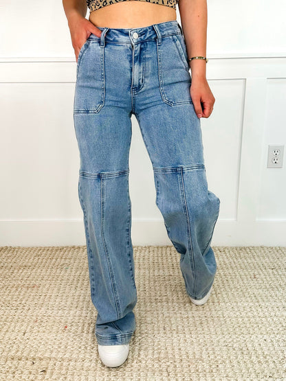 Asking Around High-Rise Cotton Blend Wide Leg Medium Wash Avery Mae Jeans