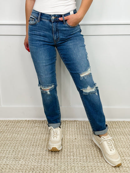 Judy Blue Emilia Distressed Mid-Rise Boyfriend Medium Wash Jeans