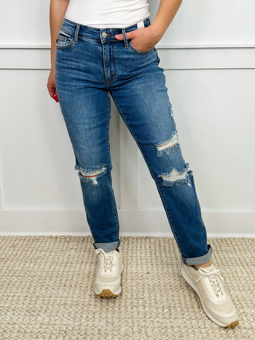 Judy Blue Emilia Distressed Mid-Rise Boyfriend Medium Wash Jeans