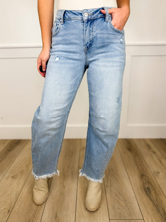 Risen Opal Distressed Mid-Rise Fray Hem Barrel Leg Light Wash Cropped Blue Jeans