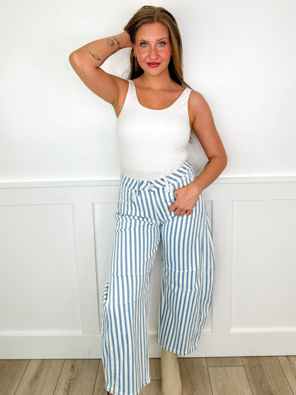 Sarina High-Rise Barrel Leg Striped Avery Mae Jeans - White (Non-Distressed)