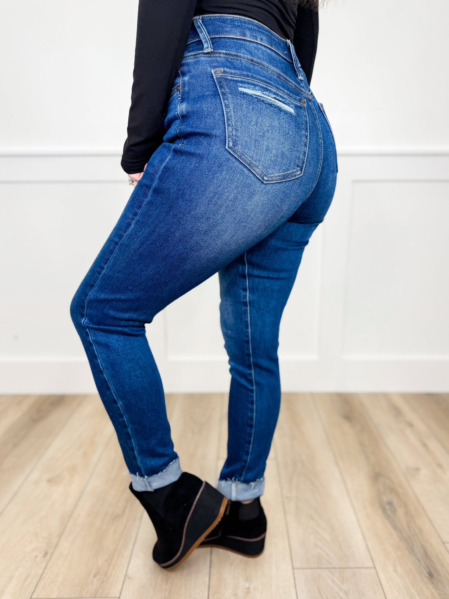 Saige Lana Tummy Control Distressed High-Rise Button Fly Raw Hem Skinny Dark Wash Avery Mae Blue Jeans