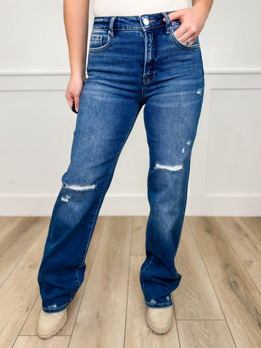 Risen Brandi Tummy Control Straight Leg Jeans - Dark Wash (Distressed)